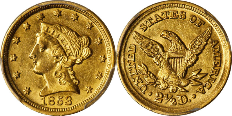 1853-D Liberty Head Quarter Eagle. Winter 17-N, the only known dies. MS-61 (PCGS...