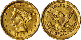 1853-D Liberty Head Quarter Eagle. Winter 17-N, the only known dies. MS-61 (PCGS). Retro OGH.
An exciting offering for this low mintage, conditionall...