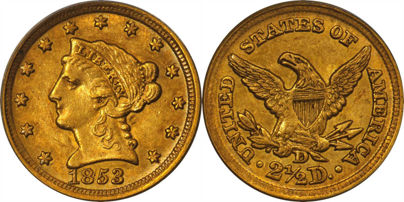 1853-D Liberty Head Quarter Eagle. Winter 17-N, the only known dies. AU-58 (PCGS...