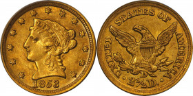 1853-D Liberty Head Quarter Eagle. Winter 17-N, the only known dies. AU-58 (PCGS).
A vivid deep olive-orange example with plenty of iridescent reddis...