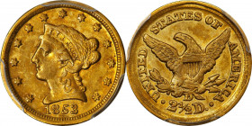 1853-D Liberty Head Quarter Eagle. Winter 17-N, the only known dies. AU-50 (PCGS).
Glints of reddish-rose and powder blue patina mingle with warm hon...
