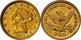 1857-D Liberty Head Quarter Eagle. Winter 21-N, the only known dies. EF-45 (PCGS).
A desirable example of this low mintage 1850s Dahlonega Mint quart...
