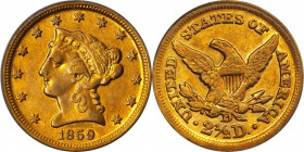 1859-D Liberty Head Quarter Eagle. Winter 22-N, the only known dies. AU-50 (PCGS).
Deep olive undertones backlight rich reddish-honey color on both s...