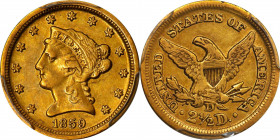 1859-D Liberty Head Quarter Eagle. Winter 22-N, the only known dies. EF-45 (PCGS).
Soft olive-orange color blankets both sides of this smooth-looking...