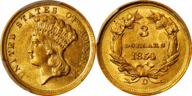 1854-D Three-Dollar Gold Piece. Winter 1-A, the only known dies. MS-62 (PCGS). CAC.
The offered 1854-D is a pleasing, deep yellow-gold specimen of th...