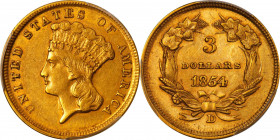 1854-D Three-Dollar Gold Piece. Winter 1-A, the only known dies. AU-55 (PCGS). CAC.
This thoroughly PQ example represents a significant find for the ...