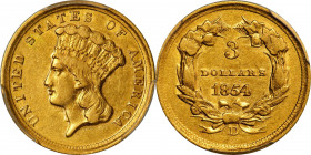1854-D Three-Dollar Gold Piece. Winter 1-A, the only known dies. AU-50 (PCGS). CAC.
The scarcity of this issue in an absolute sense and the rarity of...