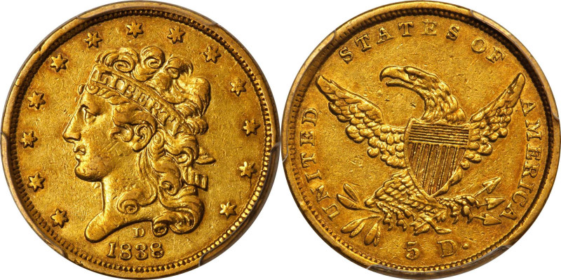 1838-D Classic Head Half Eagle. HM-1, Winter 1-A, the only known dies. Rarity-3....