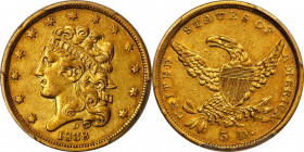 1838-D Classic Head Half Eagle. HM-1, Winter 1-A, the only known dies. Rarity-3. AU-50 (PCGS). CAC.
From the Dahlonega Mint's first coinage issue com...