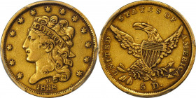 1838-D Classic Head Half Eagle. HM-1, Winter 1-A, the only known dies. Rarity-3. EF-40 (PCGS). CAC.
Handsome deep honey-gold color with enhancing blu...