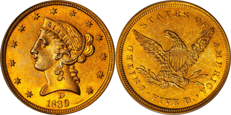 1839-D Liberty Head Half Eagle. Winter 2-A. MS-62 (PCGS).
An extraordinary exam...