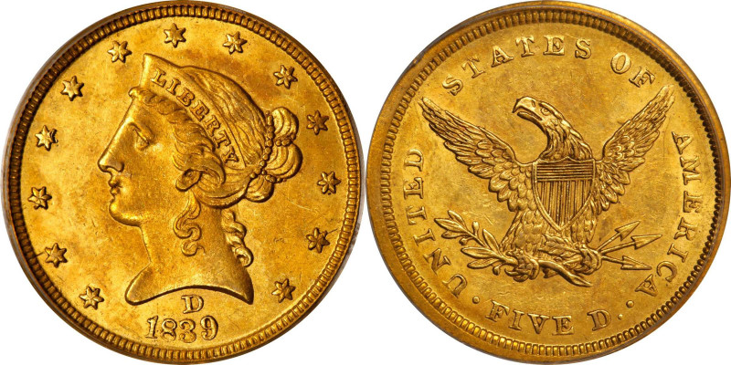 1839-D Liberty Head Half Eagle. Winter 2-A. MS-60 (PCGS).
Smartly impressed, su...