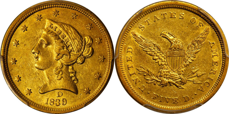 1839-D Liberty Head Half Eagle. Winter 2-A. AU-58 (PCGS).
Both sides remain tho...