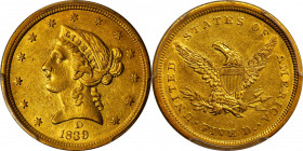 1839-D Liberty Head Half Eagle. Winter 2-A. AU-58 (PCGS).
Both sides remain thoroughly lustrous despite a short stay in circulation, with cartwheel s...