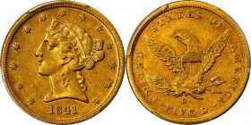 1841-D Liberty Head Half Eagle. Winter 5-D. Die State I. Small D. EF-45 (PCGS).
A honey-apricot example with intermingled blushes of iridescent pinki...
