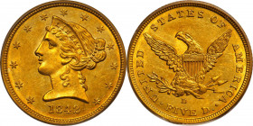 1842-D Liberty Head Half Eagle. Winter 7-E. Small Date, Small Letters. MS-62 (PCGS).
This bright and vivid example exhibits beautiful orange-gold col...