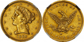 1842-D Liberty Head Half Eagle. Winter 7-E. Small Date, Small Letters. AU-55 (NGC). CAC.
Warm, even, deep honey-gold color blankets surfaces that als...