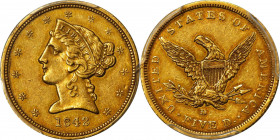 1842-D Liberty Head Half Eagle. Winter 7-E. Small Date, Small Letters. AU-53 (PCGS). CAC.
Handsome honey-gold surfaces display tinges of more vivid c...