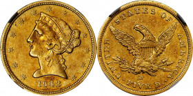 1842-D Liberty Head Half Eagle. Winter 7-E. Small Date, Small Letters. AU-53 (NGC).
A pretty example with a bright, frosty texture to generally wheat...