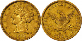 1842-D Liberty Head Half Eagle. Winter 7-E. Small Date, Small Letters. AU-50 (PCGS).
Delicate pale silver overtones enhance otherwise honey-gold surf...