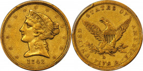 1842-D Liberty Head Half Eagle. Winter 7-E. Small Date, Small Letters. EF-45 (PCGS).
Warm olive undertones backlight dominant vivid orange-gold color...
