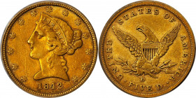 1842-D Liberty Head Half Eagle. Winter 7-E. Small Date, Small Letters. VF-35 (PCGS).
This handsome piece is bathed in rich, deep khaki-rose color wit...