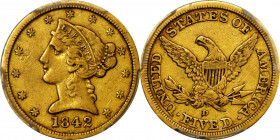 1842-D Liberty Head Half Eagle. Winter 8-G. Large Date, Large Letters. VF-35 (PCGS). CAC.
This lovely example sports smooth-looking surfaces dressed ...