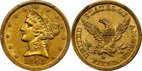 1843-D Liberty Head Half Eagle. Winter 9-F. Small D. AU-58 (PCGS).
A bright and brilliant example whose vivid golden-yellow surfaces are further enli...