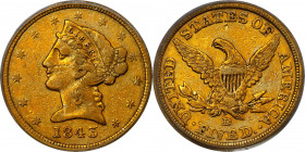 1843-D Liberty Head Half Eagle. Winter 10-G. Medium D. VF-35 (PCGS).
Vivid reddish-gold and, to a lesser extent, powder blue undertones are noted on ...