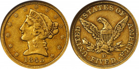 1843-D Liberty Head Half Eagle. Winter 10-G. Medium D. VF-35 (NGC). CAC.
Attractively original surfaces with a rich blend of rose-russet and khaki-or...