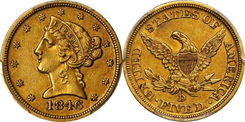 1846-D Liberty Head Half Eagle. Winter 15-H. AU-53 (PCGS).
A smartly impressed,...