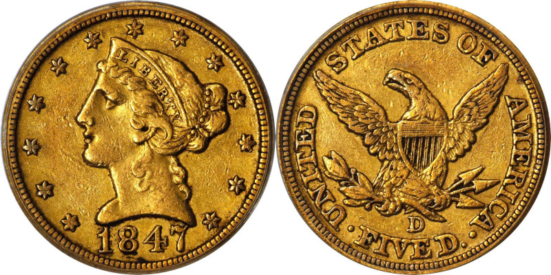 1847-D Liberty Head Half Eagle. Winter 19-I. EF-40 (PCGS). CAC.
This lovely hal...