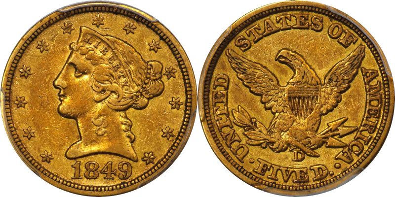 1849-D Liberty Head Half Eagle. Winter 25-S. EF-45 (PCGS).
Lustrous and frosty ...