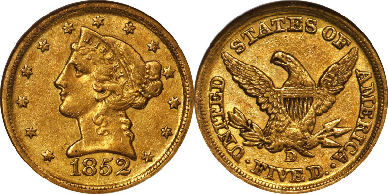 1852-D Liberty Head Half Eagle. Winter 33-V. AU-53 (NGC). CAC.
A visually appea...