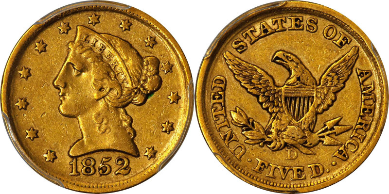 1852-D Liberty Head Half Eagle. Winter 32-V. EF-45 (PCGS). CAC.
A wonderfully o...