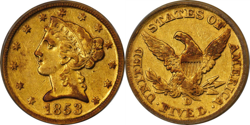 1853-D Liberty Head Half Eagle. Winter 34-Y. EF-45 (PCGS).
This is a particular...