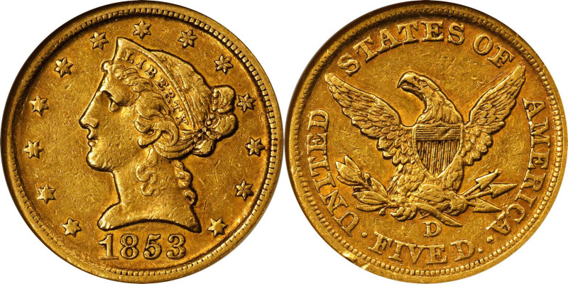 1853-D Liberty Head Half Eagle. Winter 34-Y. EF-40 (NGC). CAC. OH.
Lovely deep ...