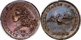 1792 Disme. Judd-10, Pollock-11. Rarity-6+. Copper. Reeded Edge. MS-62 BN (PCGS). CAC.
Obv: A bust of Liberty with flowing hair faces left, the date ...