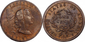 1793 Liberty Cap Cent. S-14. Rarity-5-. AU-53+ (PCGS).
This obverse is among the most distinctive in the entire large cent series, neatly bisected by...