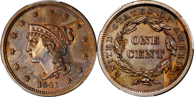 1841 Braided Hair Cent. N-1. Rarity-5. Proof-64 BN (PCGS).
This lovely example ...