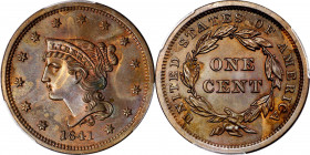 1841 Braided Hair Cent. N-1. Rarity-5. Proof-64 BN (PCGS).
This lovely example of the seldom-seen Proof format 1841 cent is characterized by mingled ...