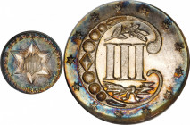 1858 Silver Three-Cent Piece. Proof-66 (NGC).
The beautiful surfaces of this Gem silver three-cent piece are dressed in vivid iridescent toning that ...