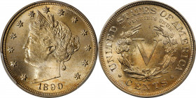 1890 Liberty Head Nickel. MS-67 (PCGS).
This stunning Superb Gem exhibits delicate champagne-gold and pale apricot iridescence to lovely mint luster....