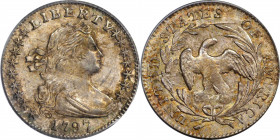 1797 Draped Bust Half Dime. LM-2. Rarity-4. 16 Stars. MS-65 (PCGS).
This is a richly original, exceptionally well preserved example of a scarce early...
