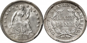 1855 Liberty Seated Half Dime. Arrows. MS-67 (PCGS).
Exquisite frosty-white surfaces are free of both toning and grade-limiting blemishes. The appear...