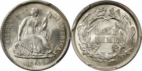 1861 Liberty Seated Half Dime. MS-68 (PCGS).
This stunning Ultra Gem really needs to be seen to be fully appreciated. Ice-white surfaces are complete...