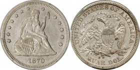 1870-CC Liberty Seated Quarter. Briggs 1-A, the only known dies. VF-35 (PCGS).
Offered is a highly desirable mid grade example of this historic and e...