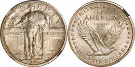1916 Standing Liberty Quarter. MS-64+ FH (NGC).
A magnificent Choice Uncirculated example of this famed Type I Standing Liberty quarter issue. Lustro...