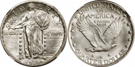 1918-D Standing Liberty Quarter. MS-66+ FH (NGC).
Bold luster, brilliant surfaces and frosty devices combine to impressive effect on this delightful ...