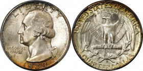 1939-D Washington Quarter. MS-68 (PCGS).
Blushes of bronze and reddish-apricot iridescence adorn the peripheries of an otherwise brilliant obverse. T...
